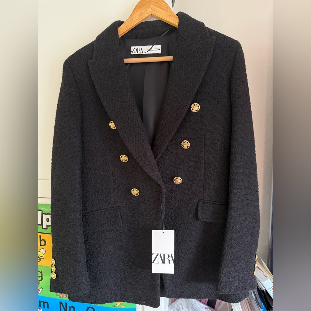 ZARA Black Tweed Jacket with Gold Buttons